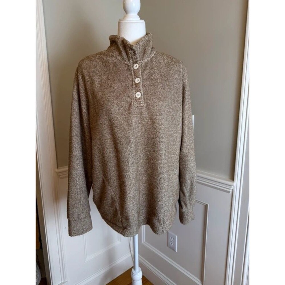 Eddie Bauer Tan Marled Fleece Mock Neck Button Pullover Sweater